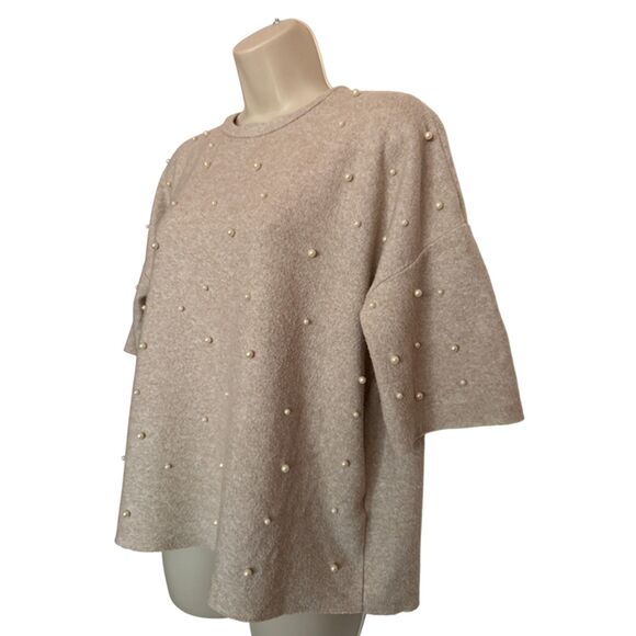 Zara Trafaluc Oatmeal Beige Pearl Beaded Oversized Sweater Size S - Picture 4 of 11